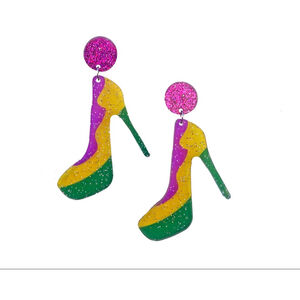 Mardi Gras Glitter High Heel Dangle Earrings